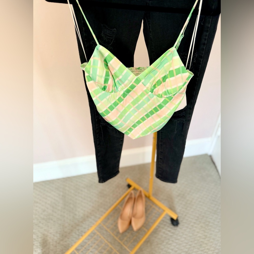 Green Plaid Bandana Cut Cami Matcha Quiet Luxury Clubwear Boutique Size S NWT